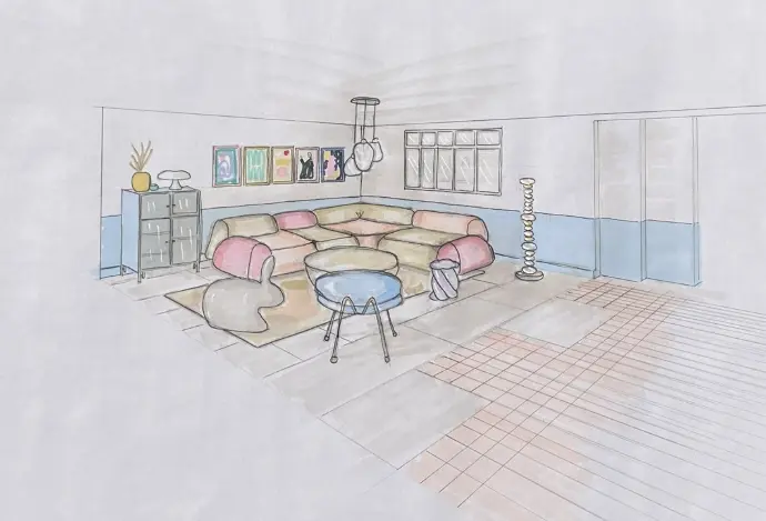 dessin en perspective, décoration couleur pastel, mobilier design