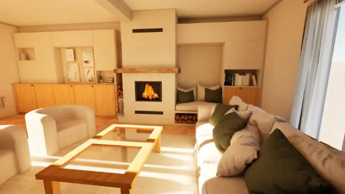 Aménagement rangements salon, conception habillage cheminée avec banquette